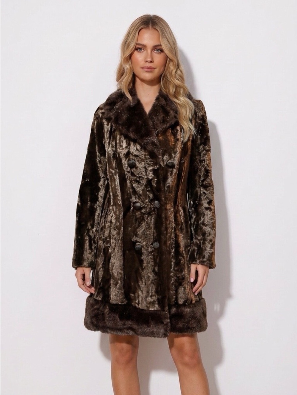 Lux Faux Fur Double-Breasted Coat in Dark Brown Vintage